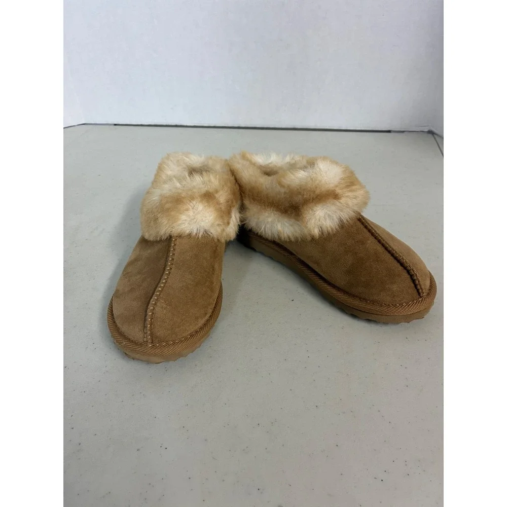 Kids Chestnut Brown Faux Fur Trim Suede Slippers House Shoes Size 12